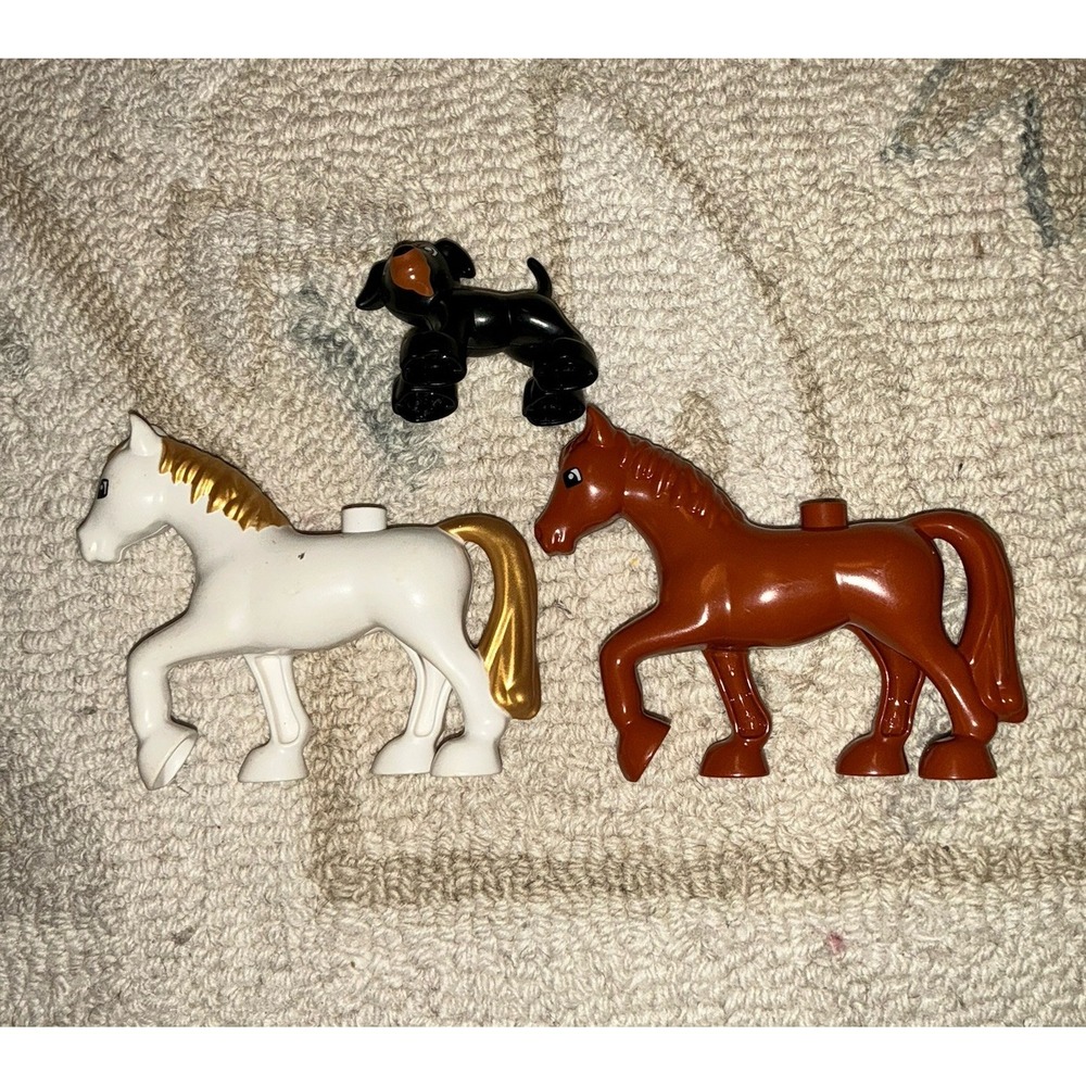 Lego Duplo Lot Of 3 Horse Horses dog White Brown Black Gold Mane